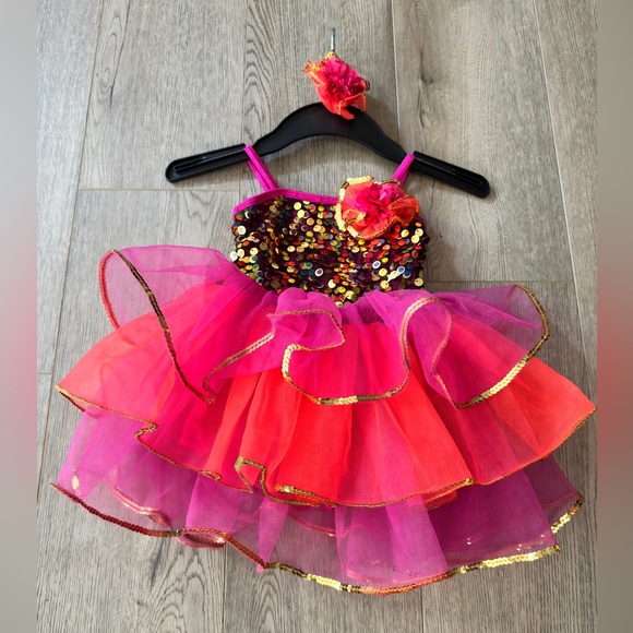 Curtain Call Other - Pink and Orange Jazz Tutu Size Child XS With Golden Sequins and Hair Piece